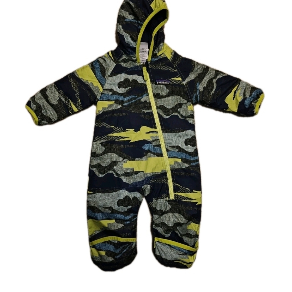 Patagonia Infant Reversible Puff-Ball Bunting snowsuit with a blue and lime 0-3